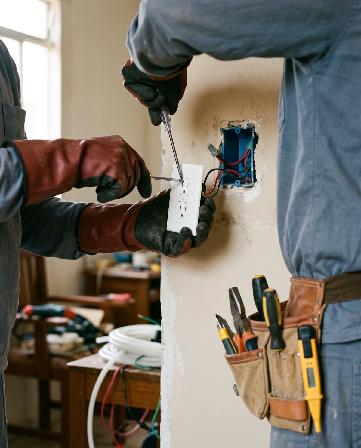 Profissional de manutenção instalando uma tomada
