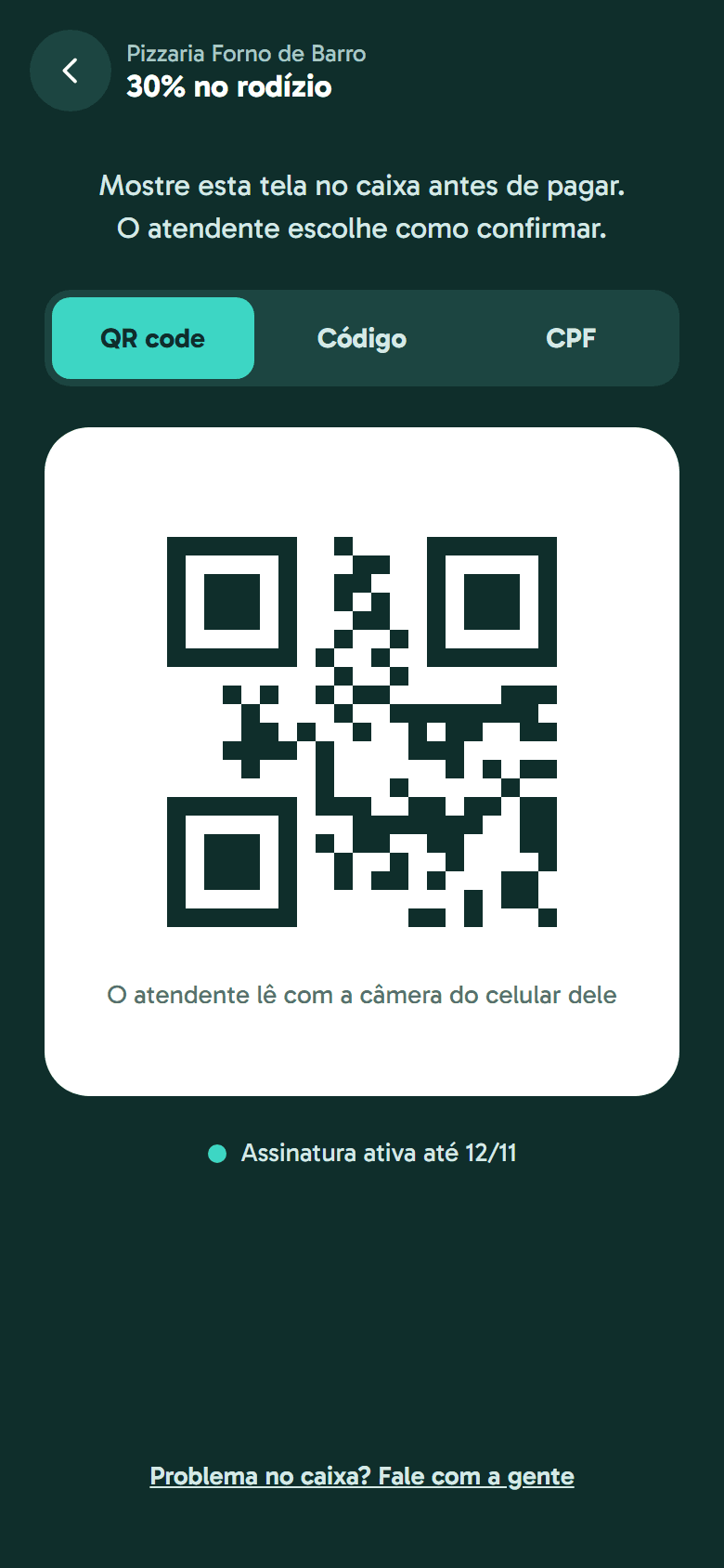 Tela de usar o desconto com QR code